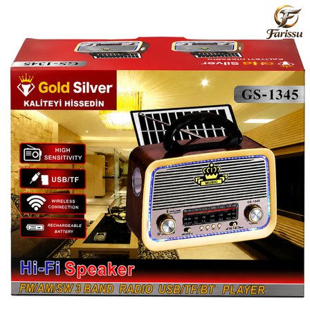 Gold Silver GS-1345 Nostaljik Görünümlü Retro Radyo & Bluetooth Hoparlör (Güneş Panelli & El Fenerli)