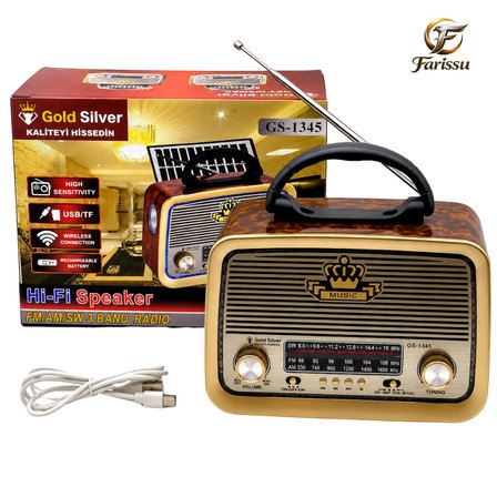 Gold Silver GS-1345 Nostaljik Görünümlü Retro Radyo & Bluetooth Hoparlör (Güneş Panelli & El Fenerli)