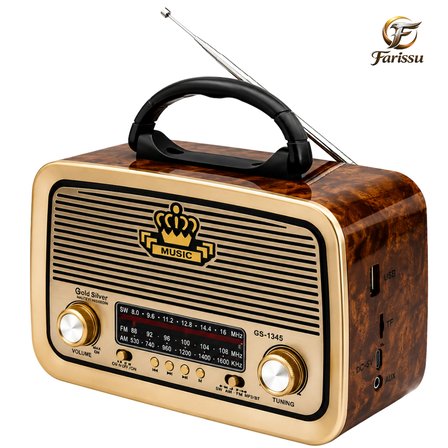 Gold Silver GS-1345 Nostaljik Görünümlü Retro Radyo & Bluetooth Hoparlör (Güneş Panelli & El Fenerli)
