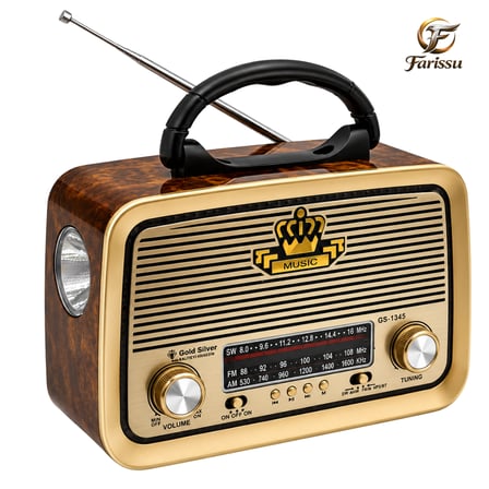 Gold Silver GS-1345 Nostaljik Görünümlü Retro Radyo & Bluetooth Hoparlör (Güneş Panelli & El Fenerli)
