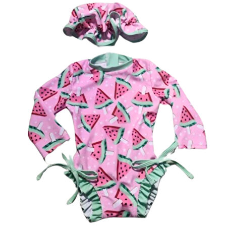 Petityu Aşırı Şirin Güneş Korumalı Uzun Kollu Karpuz Desenli Pembe Mint Kız Çocuk Bebek Mayo Ve Şapka Set