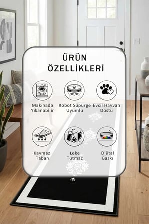 Black Punto Tek Çerçeve Siyah Beyaz Modern Dijital Baskı Yıkanabilir Kaymaz Yolluk Halı Bey