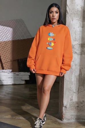 Unisex Balık Baskılı Oversize Hoodie Kapüşonlu Sweatshirt