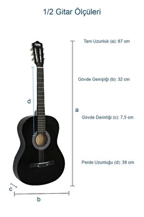 Midex CG-34BK Kaliteli 34 İnç 1/2 Juniur Çocuk Gitarı 4-8 Yaş Arası (Çanta Capo Nota Sticker Askı Pena Metod)