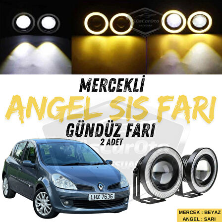 Renault Clio 3 2005-2013 Uyumlu Üniversal Mercekli Angel Sis Farı Metal Su Geçirmez 76 mm Sarı Halkalı Gündüz Farı Angel Eyes 2 Adet