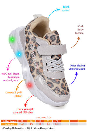 Kiko Kids Teno Cırtlı Işıklı Leopar Kız Çocuk Spor Ayakkabı
