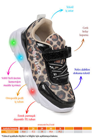Kiko Kids Teno Cırtlı Işıklı Leopar Kız Çocuk Spor Ayakkabı