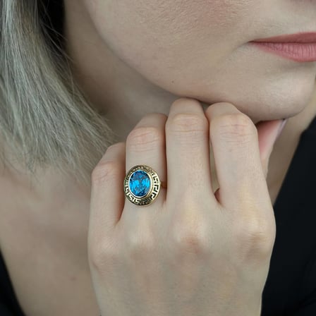 14 Ayar Mavi Oval Akuamarin Taşlı Greek Yüzük Zarif Model