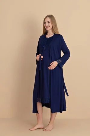 Duchesse 2061 Dantel Kol Lacivert Hamile Lohusa Gecelik Sabahlık Takım