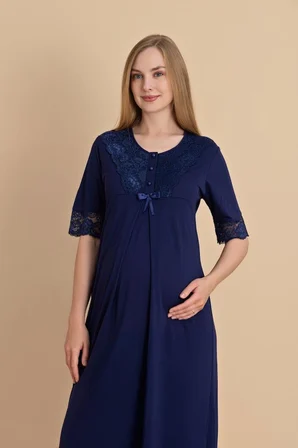 Duchesse 2061 Dantel Kol Lacivert Hamile Lohusa Gecelik Sabahlık Takım