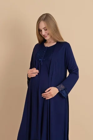 Duchesse 2061 Dantel Kol Lacivert Hamile Lohusa Gecelik Sabahlık Takım