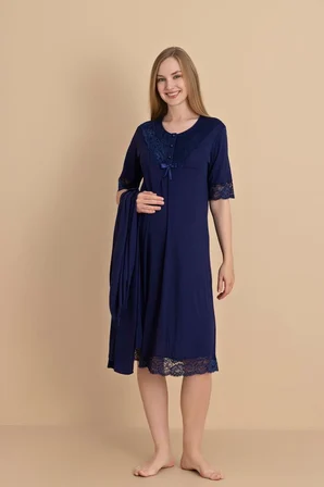 Duchesse 2061 Dantel Kol Lacivert Hamile Lohusa Gecelik Sabahlık Takım