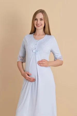 Duchesse  2601 Mavi Dantel Kol Hamile  Lohusa Gecelik Sabahlık Tk