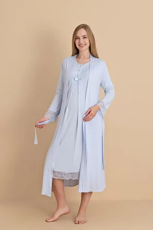 Duchesse  2601 Mavi Dantel Kol Hamile  Lohusa Gecelik Sabahlık Tk