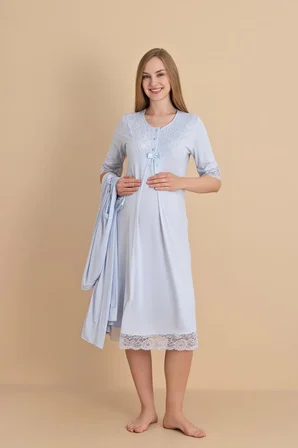 Duchesse  2601 Mavi Dantel Kol Hamile  Lohusa Gecelik Sabahlık Tk