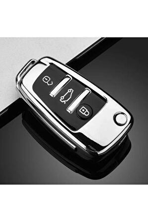 Audi A4 B7 Uyumlu Anahtar Kılıfı Lüx Parlak Gümüş Renkli