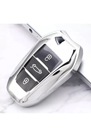 Peugeot 2008 Uyumlu  Sustasız Parlak Anahtar Kılıfı Gümüş Renk
