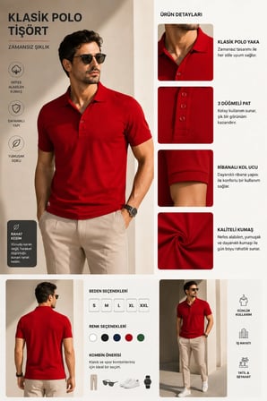 Erkek Polo Yaka kırmızı Tişört Likralı Pike Kumaş Terletmez Slim Fit Günlük Şık Tasarım