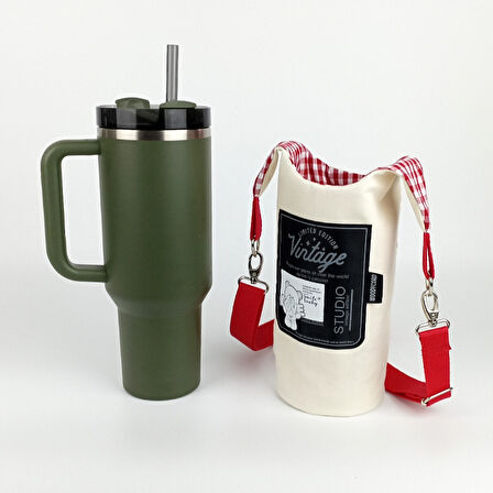 Woodycord El Yapımı Vintage Matara Termos Kılıfı Kulplu Model Quencher Pipetli 1,18