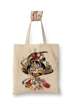 One Piece Hasır Şapkalı Luffy 005 Beyaz Bez Çanta Uzun Saplı Alışveriş Çantası Plaj Çantası