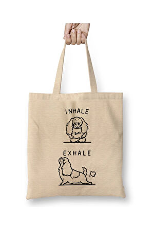 Inhale Exhale Cavalier King Charles Spaniel Yoga Beyaz Bez Çanta Uzun Saplı
