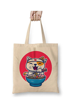 Noodle Yiyen Japon Kedi Cat Beyaz Bez Çanta Uzun Saplı Alışveriş Çantası Plaj Çantası