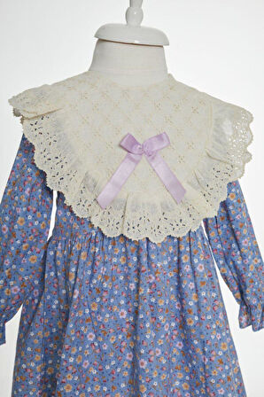 Kız Çocuk Mavi Çiçek Desenli Yaka Dantel Detaylı Uzun Kollu Bayramlık Elbise