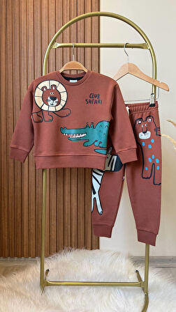 Yeni Sezon Erkek Çocuk Timsah Baskılı 3iplik Şardonsuz Pamuklu Alt Üst Takım