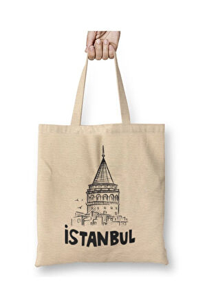 İstanbul Galata Kulesi Temalı Beyaz Bez Çanta Uzun Saplı Alışveriş Çantası Plaj Çantası