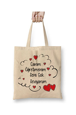 Canım Öğretmenim Öğretmenler Günü 02 Beyaz Bez Çanta Uzun Saplı Alışveriş Çantası Plaj Çantası