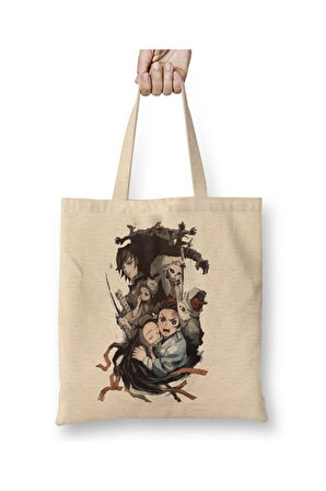 Demon Slayer İblis Keser Anime Beyaz Bez Çanta Uzun Saplı Alışveriş Çantası Plaj Çantası