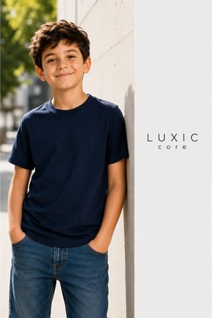 Luxic Core Erkek Çocuk Tişört Lacivert Pamuk Oversize Bisiklet Yaka Kısa Kol 7-8 Yaş