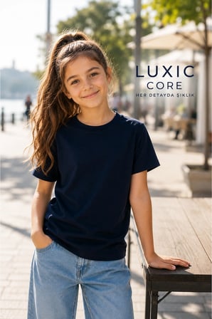 Luxic Core Erkek Çocuk Tişört Lacivert Pamuk Oversize Bisiklet Yaka Kısa Kol 7-8 Yaş