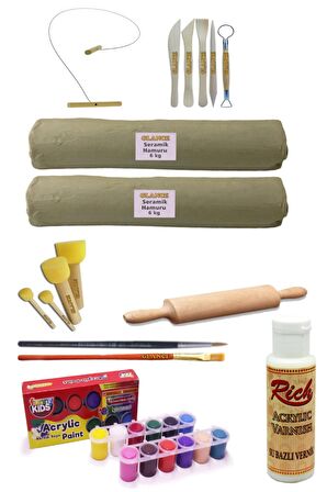 Seramik Hamuru 6x2 Kg Kil Kesme Teli Ebeşuarlı 25 Ml Akrilik 12li Vernik, Ponpon,ahşapmerdane Set