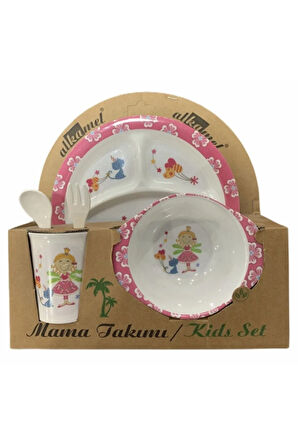 Bebek Mama Tabağı Pembe Prenses Formlu 5 Li Set Melamin Oval