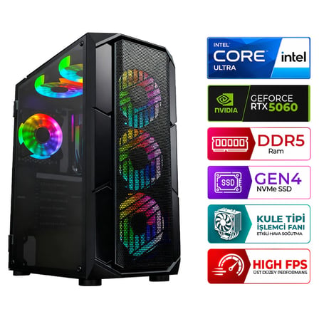 Xaser North X20 Intel Ultra 5 225F 16GB DDR5 Ram 1TB M.2 NVMe SSD 8GB RTX5060 Masaüstü Oyuncu Bilgisayarı