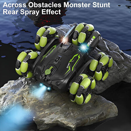 2.4GHz Uzaktan Kumandalı Yedek Şarjlı Batarya Buhar Atan 4WD Işıklı 5 Tekerli Rc Akrobat Araba Yeşil