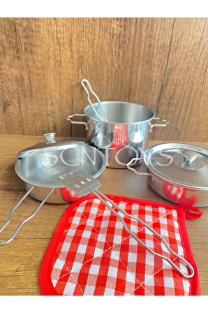 Oyuncak Tencere Tava Seti Metal Tencere Tava Yemek PişirmeOyuncak Evcilik Mutfak Seti 8 Parça