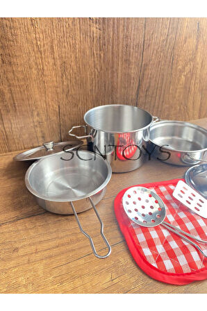 Oyuncak Tencere Tava Seti Metal Tencere Tava Yemek PişirmeOyuncak Evcilik Mutfak Seti 8 Parça
