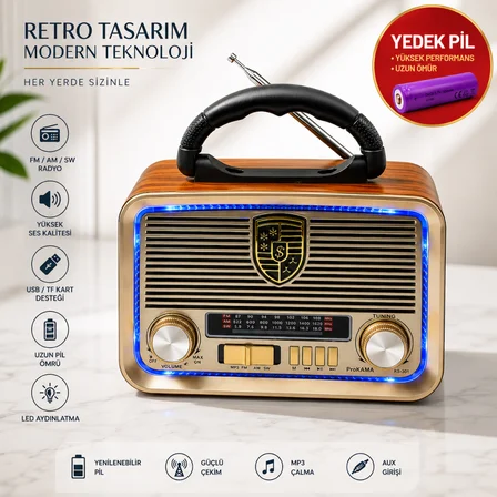 ProKAMA Retro Tasarım Çok Fonksiyonlu Şarj Edilebilir Nostaljik Radyo & MP3 Çalar(yedek pili)