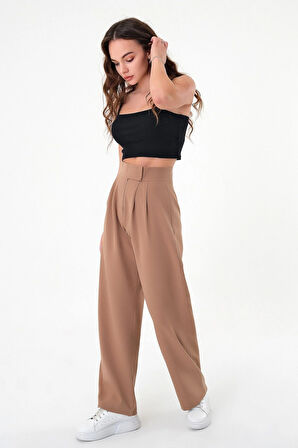 Kadın Vizon Yüksek Bel Cırtlı Palazzo Pantolon