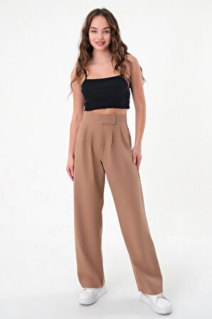 Kadın Vizon Yüksek Bel Cırtlı Palazzo Pantolon