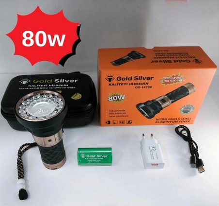 Gold Silver GS-14700 80W Şarjlı Avcı Feneri | 5000 Lümen | Alüminyum Gövde | 8000 mAh Pil