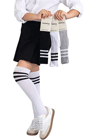 Kız Çocuk Dizaltı Çorap  3 Çift Beyaz-Gri-Siyah