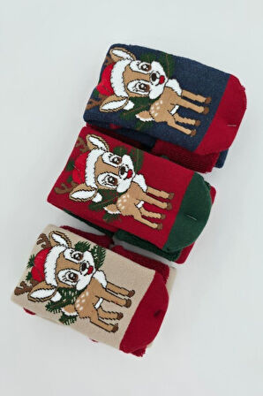 3 Çift Unısex Hediyelik Yeniyıl Temalı Çocuk Soket Havlu Çorap 