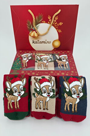 3 Çift Unısex Hediyelik Yeniyıl Temalı Çocuk Soket Havlu Çorap 