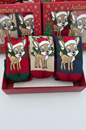 3 Çift Unısex Hediyelik Yeniyıl Temalı Çocuk Soket Havlu Çorap 