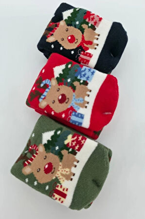 3 Çift Unısex Hediyelik Yeniyıl Temalı Çocuk Soket Havlu Çorap 