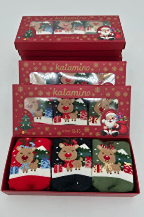 3 Çift Unısex Hediyelik Yeniyıl Temalı Çocuk Soket Havlu Çorap 