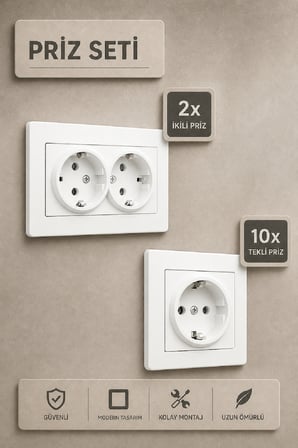 Duvar Prizi Topraklı Ev Seti Beyaz 16A 250V Monofaze İç Mekan Elektrik Prizi Standart Tip
